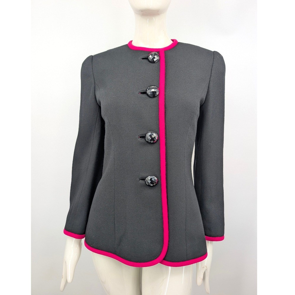 Vintage David Hayes Black Pink Trim Blazer Jacket Statement Buttons Sz 6